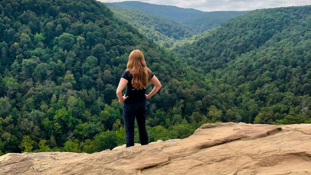 Cheryl Ann Barnes standing on a rock outcrop with her back to the camera, looking out over a forested valley of green hills