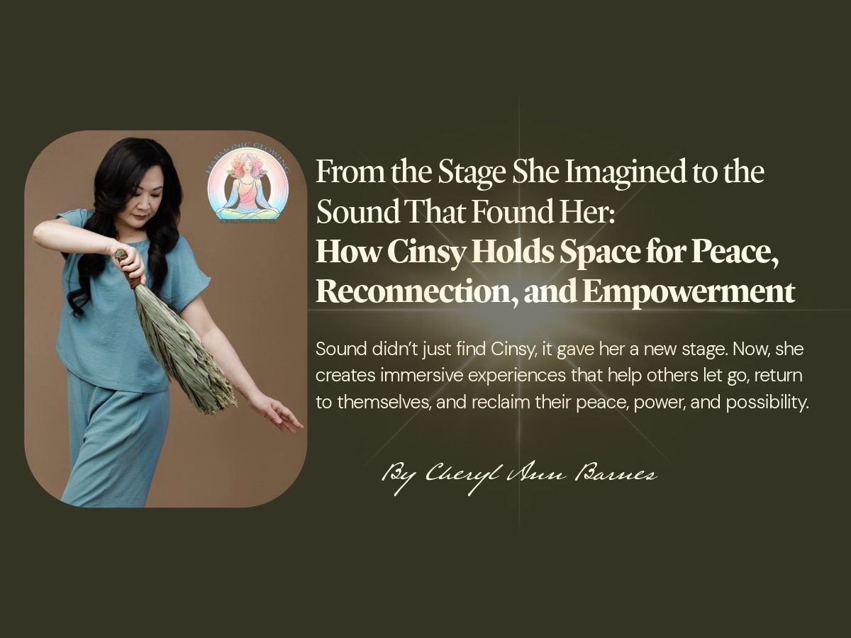 Cinsy in teal holding a bundled sound tool, beside the article title and the Harmonic Glowing logo
