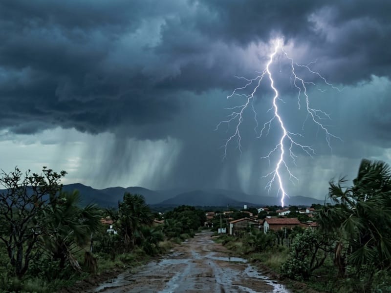 Lightning bolt striking from dark storm clouds over a wet rural road and small town