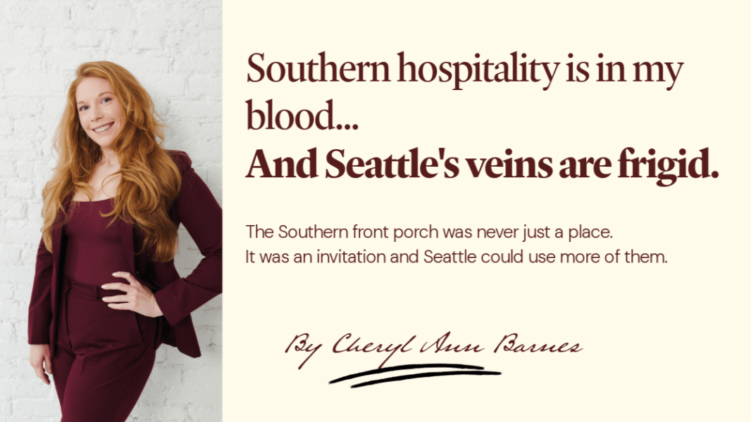 Cheryl Ann Barnes in a burgundy suit against a white brick wall, beside the article title Southern hospitality is in my blood, and Seattle's veins are frigid