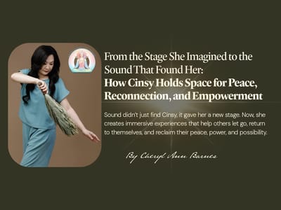 Cinsy in teal holding a bundled sound tool, beside the article title and the Harmonic Glowing logo