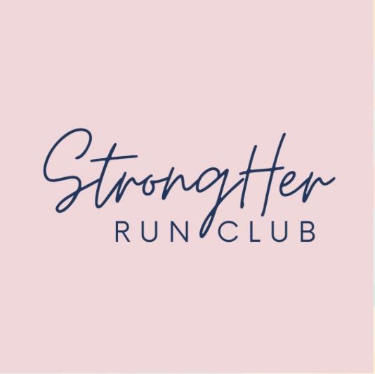 StrongHer Run Club logo in navy script and block lettering on a blush pink background