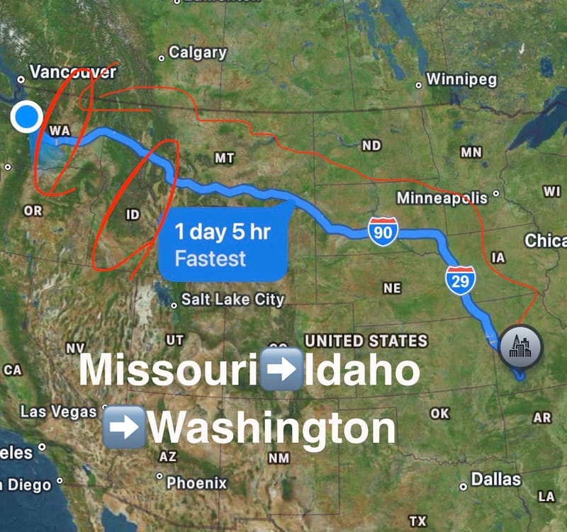 Map showing a route from Missouri to Idaho to Washington state, with a blue driving path marked across the country and text overlay showing the journey progression